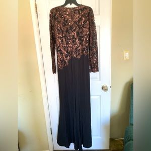 New Years Party Long Dress. Copper & Black Sequin Bodice Sheer Lace Sleeves.NWT
